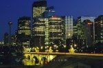 Night lights in downtown Calgary City, Alberta, Canada, North America.