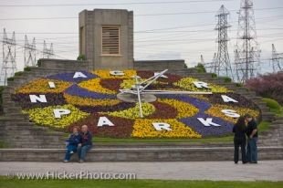 During the spring, a colorful arrangement of flowers bloom on the Niagara Parks Floral Clock in the town of Queenston in Ontario, Canada.