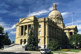 The historic Legislature Building of Edmonton ist situated at the North Saskatchewan River, Alberta, Canada, North America.