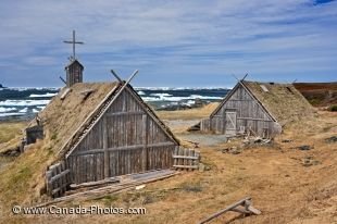 The huts and buildings at the Norstead Viking Site on the Great Northern Peninsula of Newfoundland, Canada have been recreated for tourists to view.